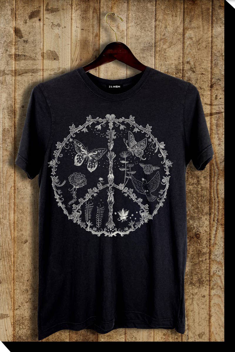 Hippie Bohemian Artisan Peace butterfly bird flower vine Graphic Tee Shirt