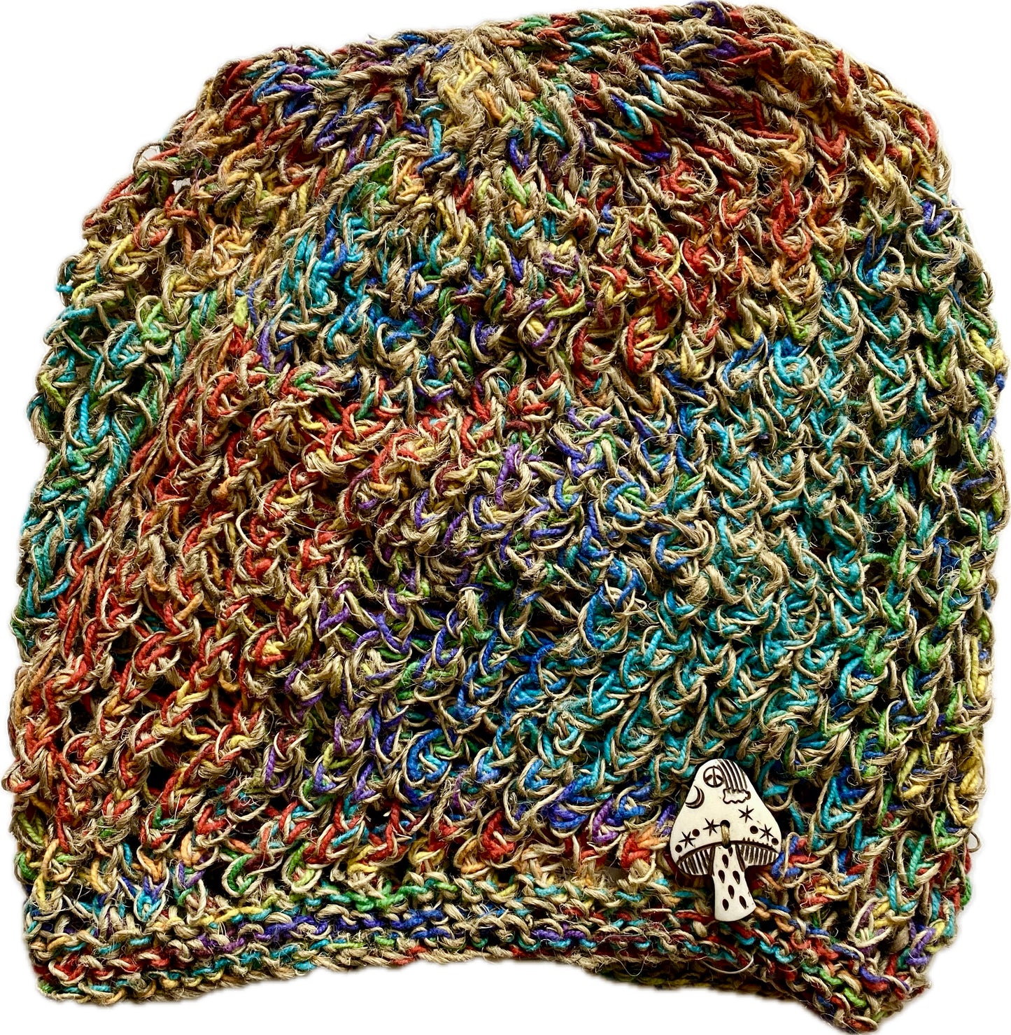 Hippie Boho Festival Handmade Rainbow Crochet Knit Hemp and Silk Mushroom Head Sock Hat 45100