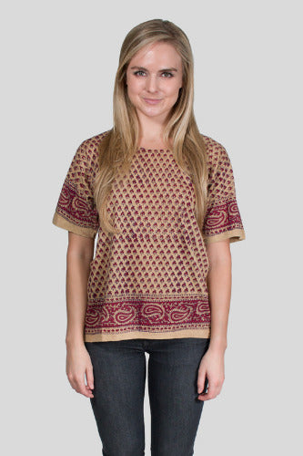 Geeta Bohemian Hippie India Hand Block Print Jaipur Natural Dye SS Tee Shirt 7081