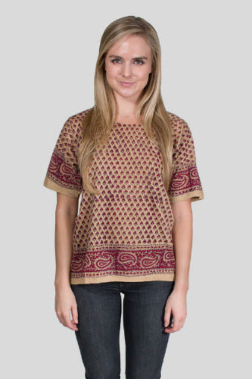 Geeta Bohemian Hippie India Hand Block Print Jaipur Natural Dye SS Tee Shirt 7081