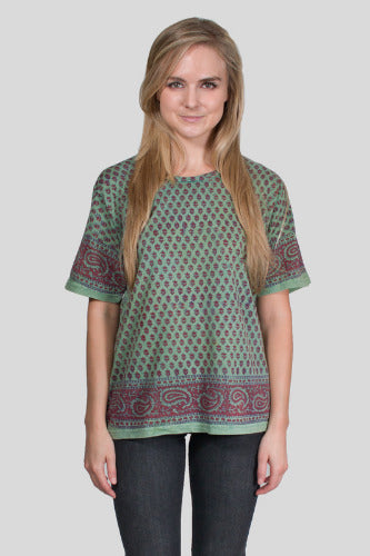 Geeta Bohemian Hippie India Hand Block Print Jaipur Stonewashed SS Tee Shirt 7031