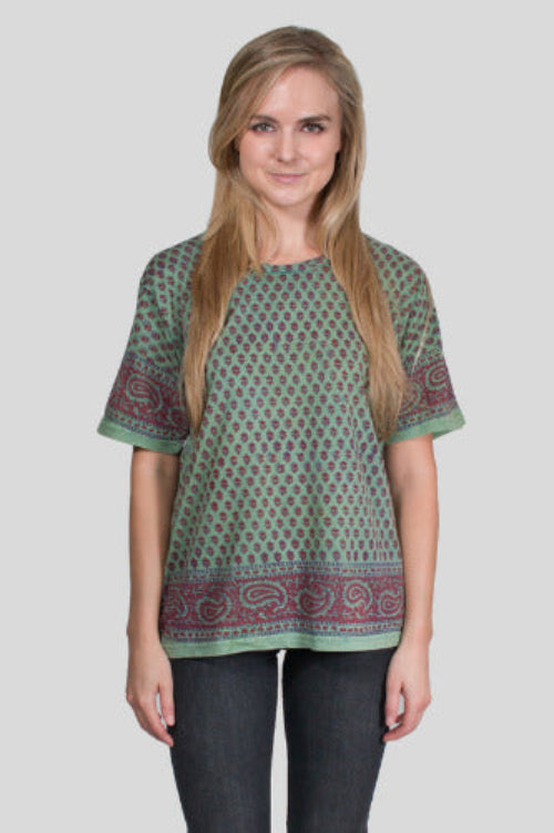Geeta Bohemian Hippie India Hand Block Print Jaipur Stonewashed SS Tee Shirt 7031