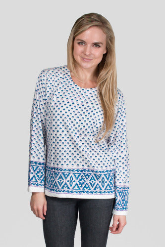 Geeta Bohemian Hippie India Hand Block Print Jaipur White LS Tee Shirt Assorted Color Patterns 2155