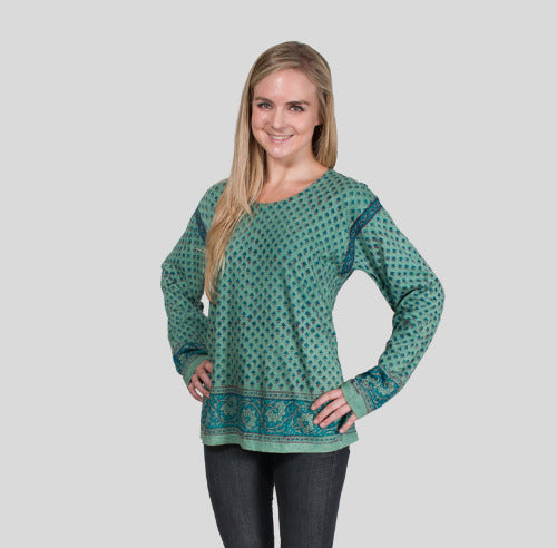 Geeta Bohemian Hippie India Hand Block Print Jaipur Natural Dye LS Tee Shirt 7082