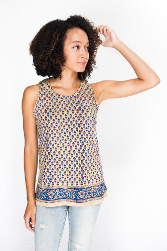 Geeta Bohemian Hippie  India Hand Block Print Jaipur Natural Dye Tee Tank 7080