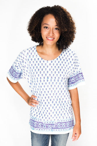 Geeta Bohemian Hippie India Hand Block Print Jaipur White SS Tee Shirt Assorted Color Pattern 795