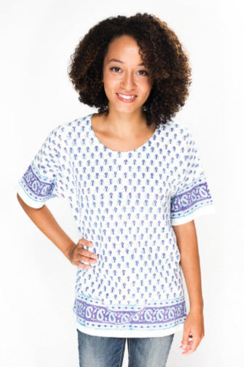 Geeta Bohemian Hippie India Hand Block Print Jaipur White SS Tee Shirt Assorted Color Pattern 795