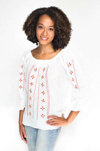 Geeta Hippie Bohemian Gyspy Retro Mexican Festival Embroidery Peasant Blouse Top 2477