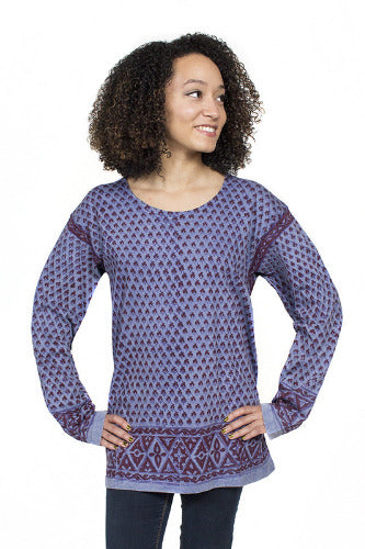 Geeta Bohemian Hippie India Hand Block Print Jaipur Stonewashed LS Tee Shirt 7032