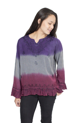 Geeta Hippie Bohemian Gypsy Indian Embroidery Ombre Tie Dye Festival Ruffle Hem LS Top 2788