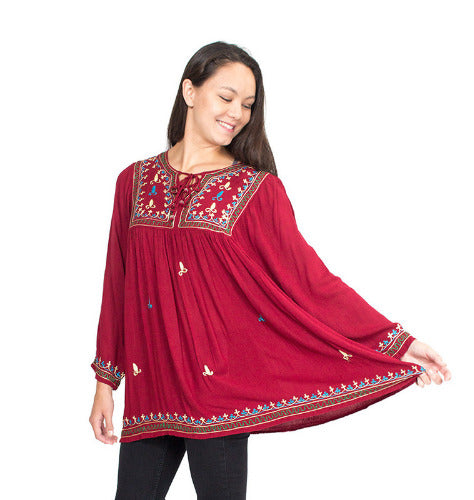 Geeta Hippie Bohemian Gypsy Indian Crinkle Embroidery Retro Kurta Smock Top All Colors 2227