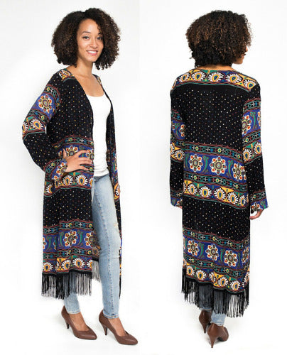 Geeta Hippie Bohemian Indian Gypsy Retro Festival Fringe Maxi Duster Jacket 5813