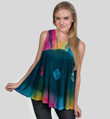 Geeta Hippie Bohemian Gypsy Indian Embroidery Tie Dye Festival Smock Baby Doll Tank 2908