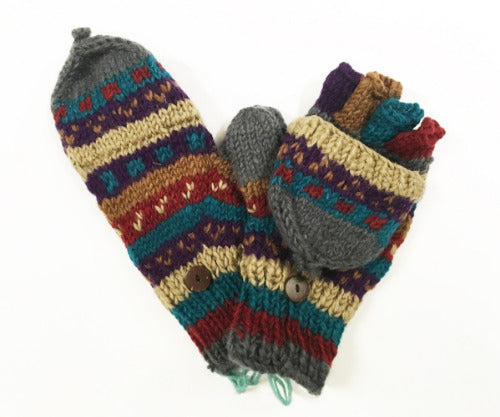 Hippie Bohemian Festival Handmade Knit Nepal Wool Fingerless Gloves Convertible Mittens Glittens 75332 One Size / Multicolor / Assorted Patterns and