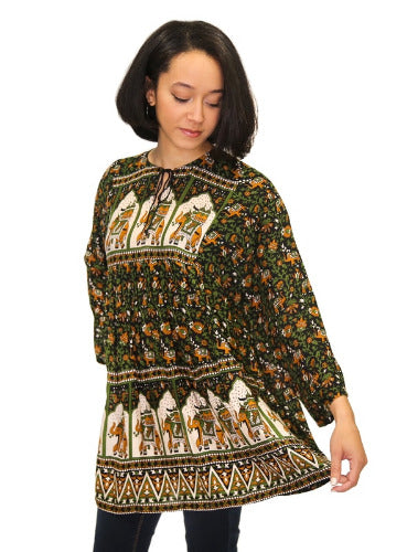 Geeta Hippie Boho Indian Gypsy Festival Jaipuri Block Print Babydoll Maya Smock Top 2025