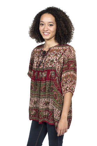 Geeta Hippie Clothes Bohemian Gypsy Festival Indian Tie Neck Peasant Smock Top 2951