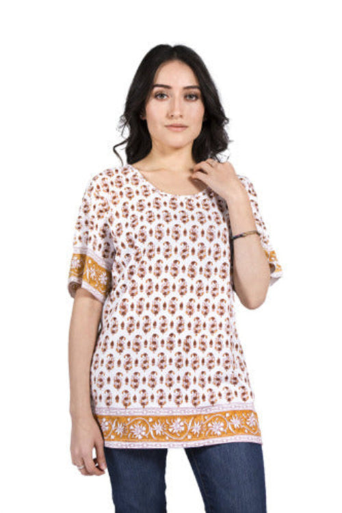 Geeta Bohemian Hippie India Hand Block Print Jaipur White SS Tee Shirt Assorted Color Pattern Long 798