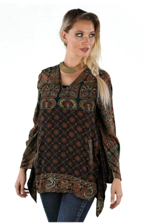 Sacred Threads Hippie Boho Festival Mandala Block Print Top Pockets 219673 OS