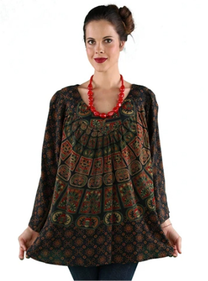 Sacred Threads Hippie Boho Festival Mandala Block Print V Neck Top 219674 OS