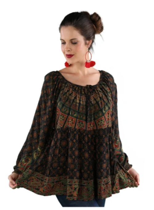 Sacred Threads Hippie Boho Festival Mandala Block Print Peasant Top 219675 OS