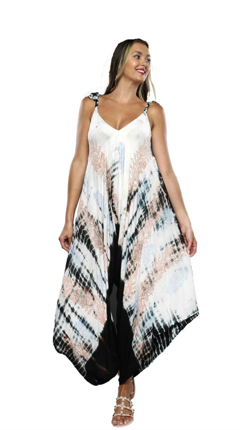Sacred Threads Modern Hippie Bohemian Gypsy Festival Baggy Harem Block Print Tie Dye Jumpsuit 222525