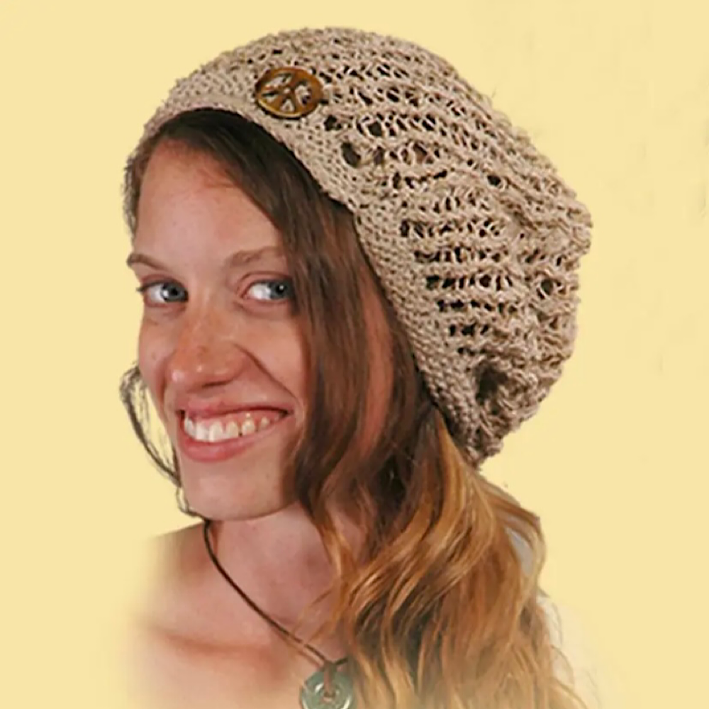 Hippie Boho Festival Handmade Crochet Knit Hemp Peace Sign Head Sock Hat Natural 45352