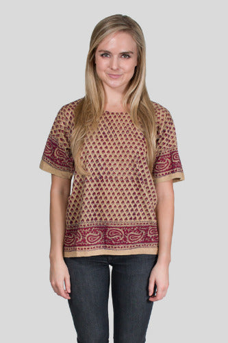 Geeta Bohemian Hippie  India Hand Block Print Jaipur Natural Dye SS Tee Shirt 7081