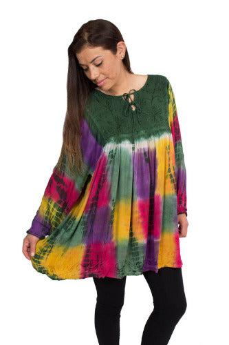 Geeta Hippie Bohemian Gypsy Indian Embroidery Tie Dye Festival Smock Tie Neck LS Top 2909