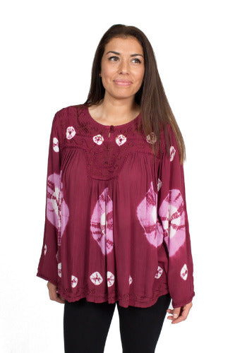 Geeta Hippie Bohemian Gypsy Indian Embroidery Tie Dye Festival Smock Two Button LS Top 2906