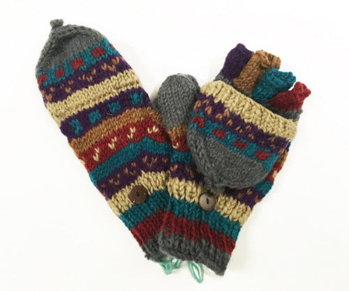 Hippie Bohemian Festival Handmade Knit Nepal Wool Fingerless Gloves Glittens 75332